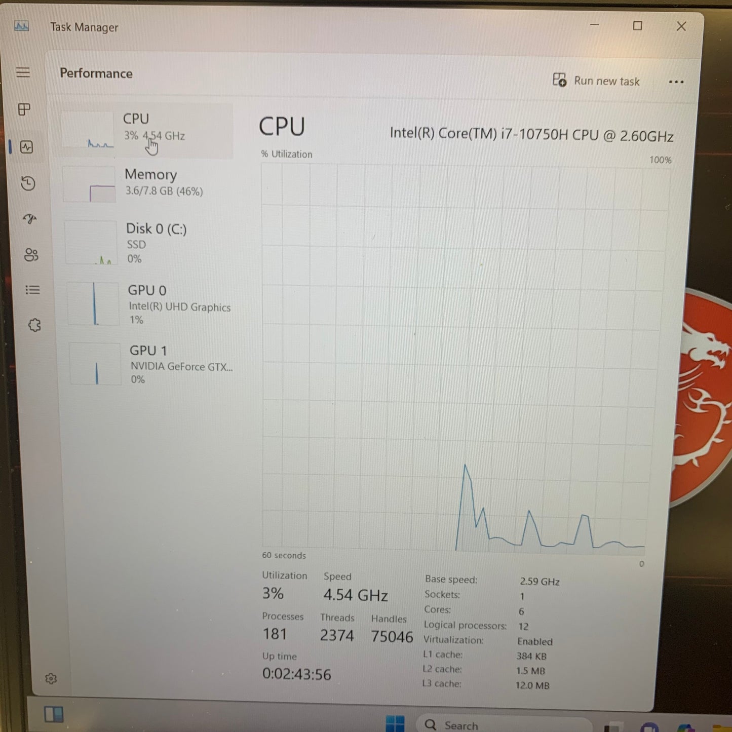 MSI Thin GF65 15.6" i7-10750H 2.5GHz 8GB RAM 512GB SSD GeForce GTX 1660 Ti