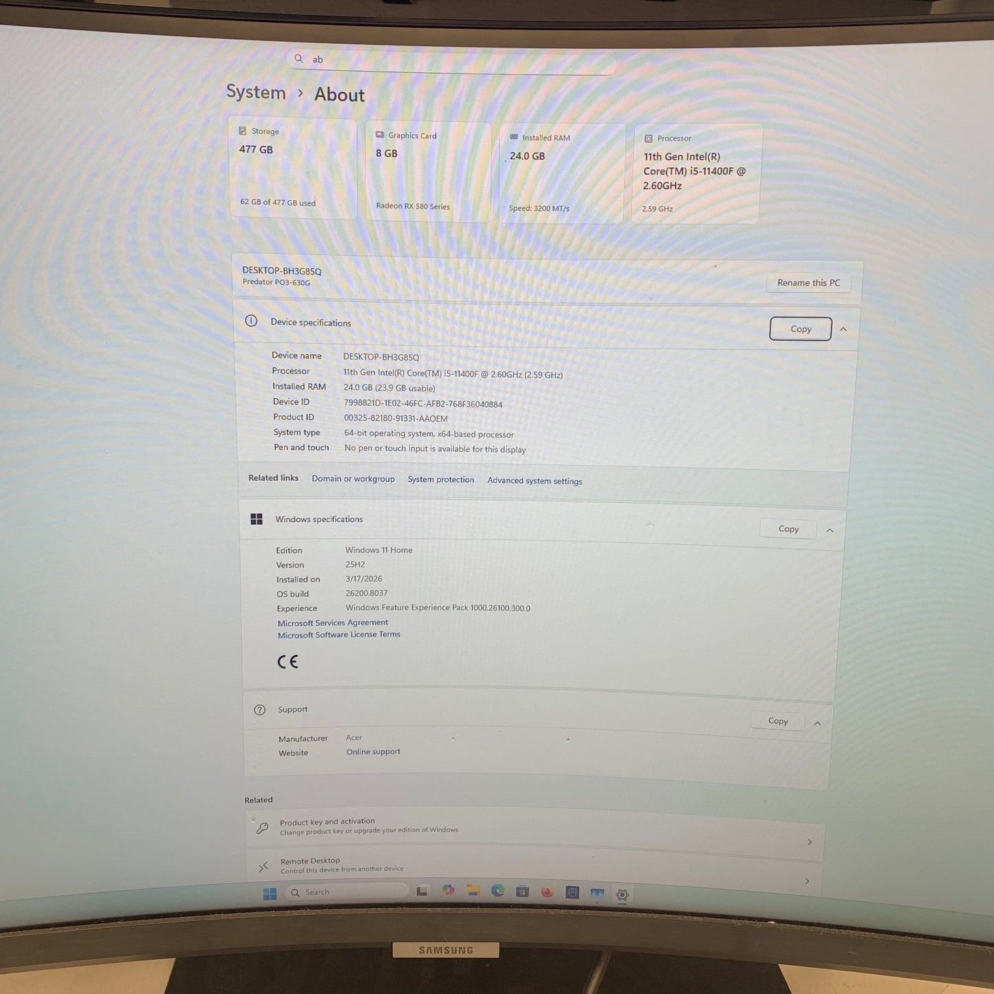 Acer Predator i5-11400F 2.60GHz 24GB RAM 512GB SSD Radeon RX 580 Series