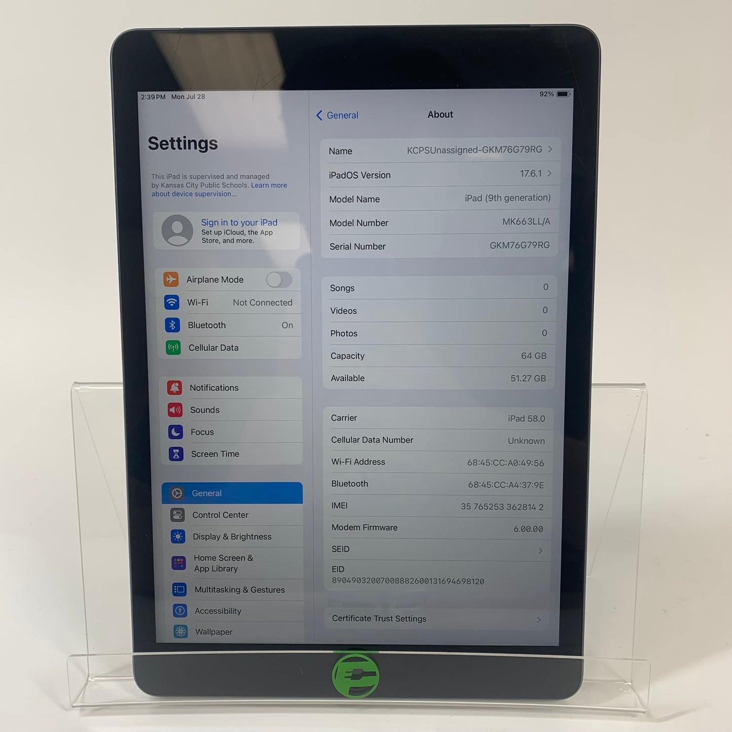 Unlocked Apple iPad 9th Gen 64GB Space Gray MK663LL/A