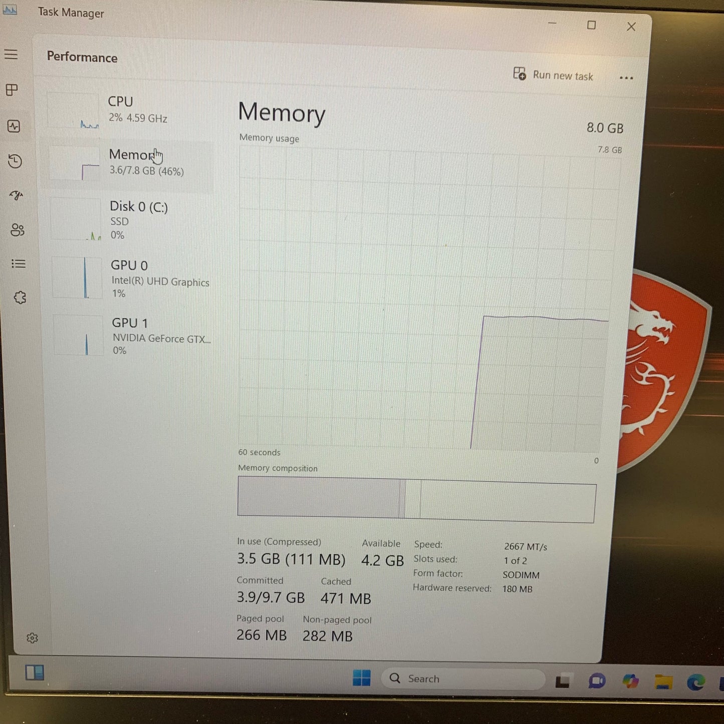 MSI Thin GF65 15.6" i7-10750H 2.5GHz 8GB RAM 512GB SSD GeForce GTX 1660 Ti