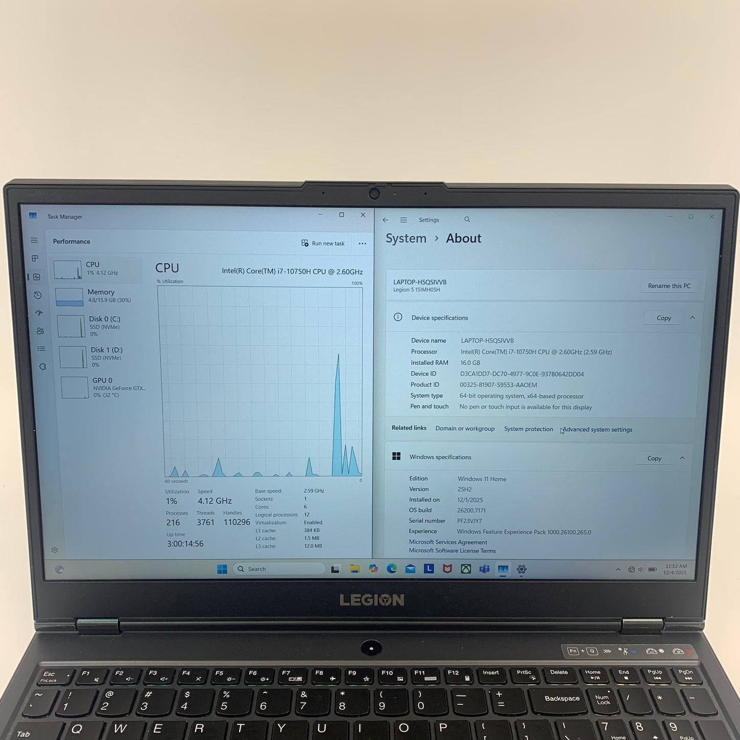 Lenovo Legion 5 15" i7-10750H 2.6GHz 16GB RAM 512GB SSD 1TB SSD  GTX 1650 Ti