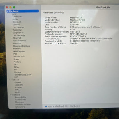 2020 Apple MacBook Air 13.3" M1 7C GPU 3.2GHz 8GB RAM 256GB SSD A2337