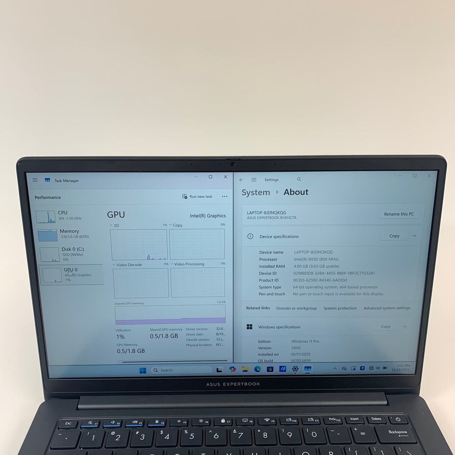 Asus ExpertBook B1 B1403CTA 14" N150 0.8GHz 4GB RAM 128GB SSD