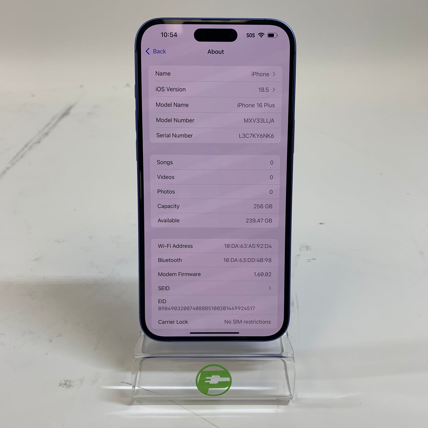 Unlocked Apple iPhone 16 Plus 256GB 18.5 Blue MXV33LL/A