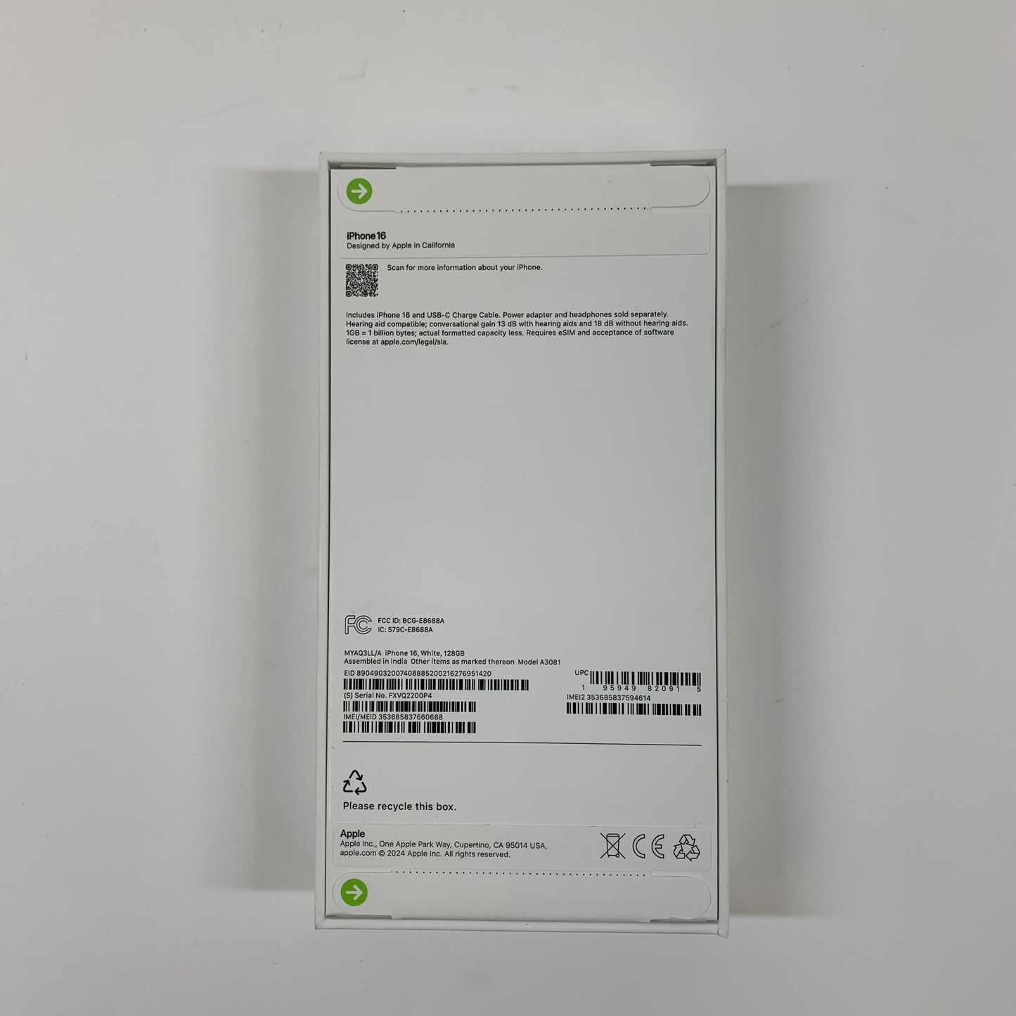 New Unlocked Apple iPhone 16 128GB White MYAQ3LL/A