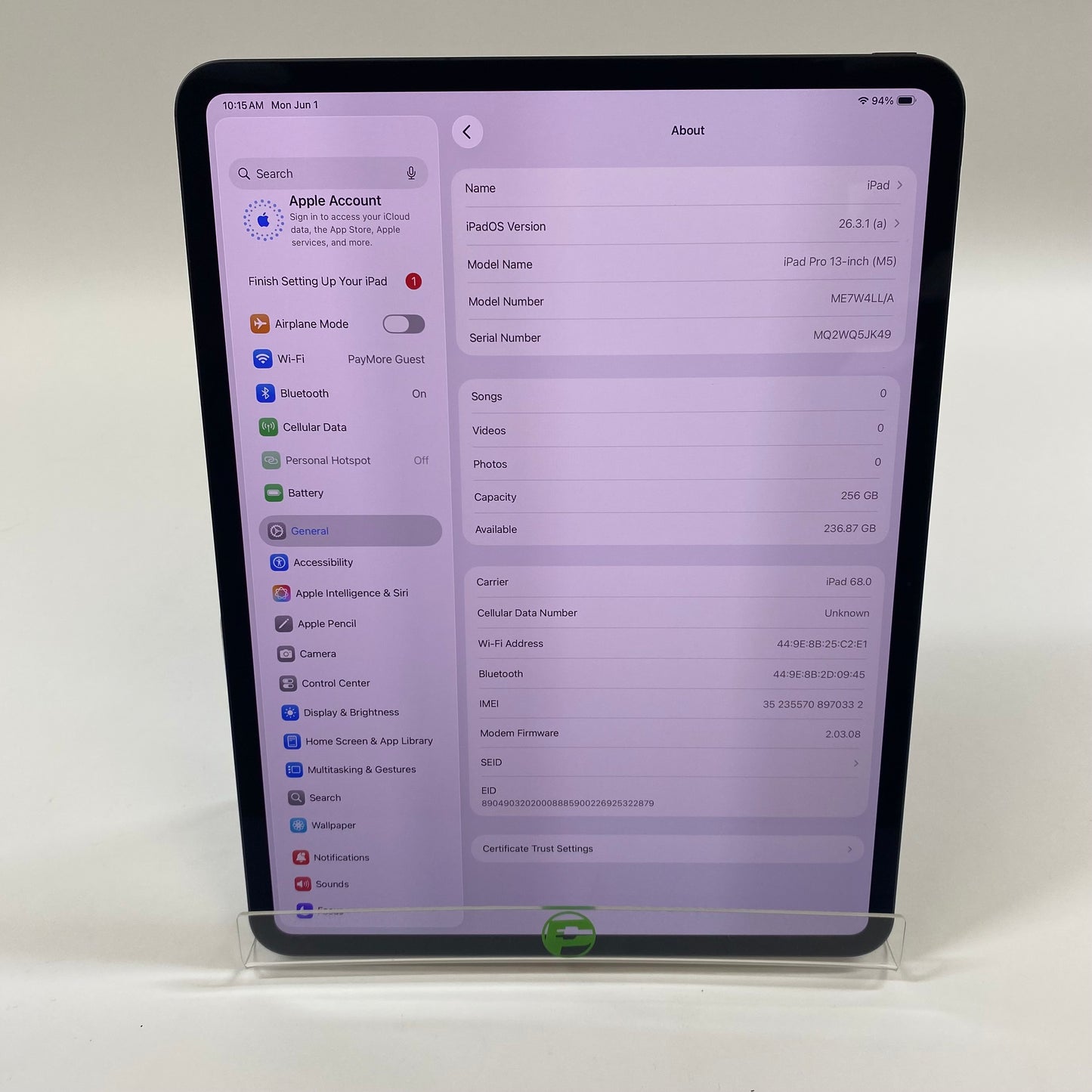 WiFi Only Apple iPad Pro 13" M5 256GB Space Black ME7W4LL/A