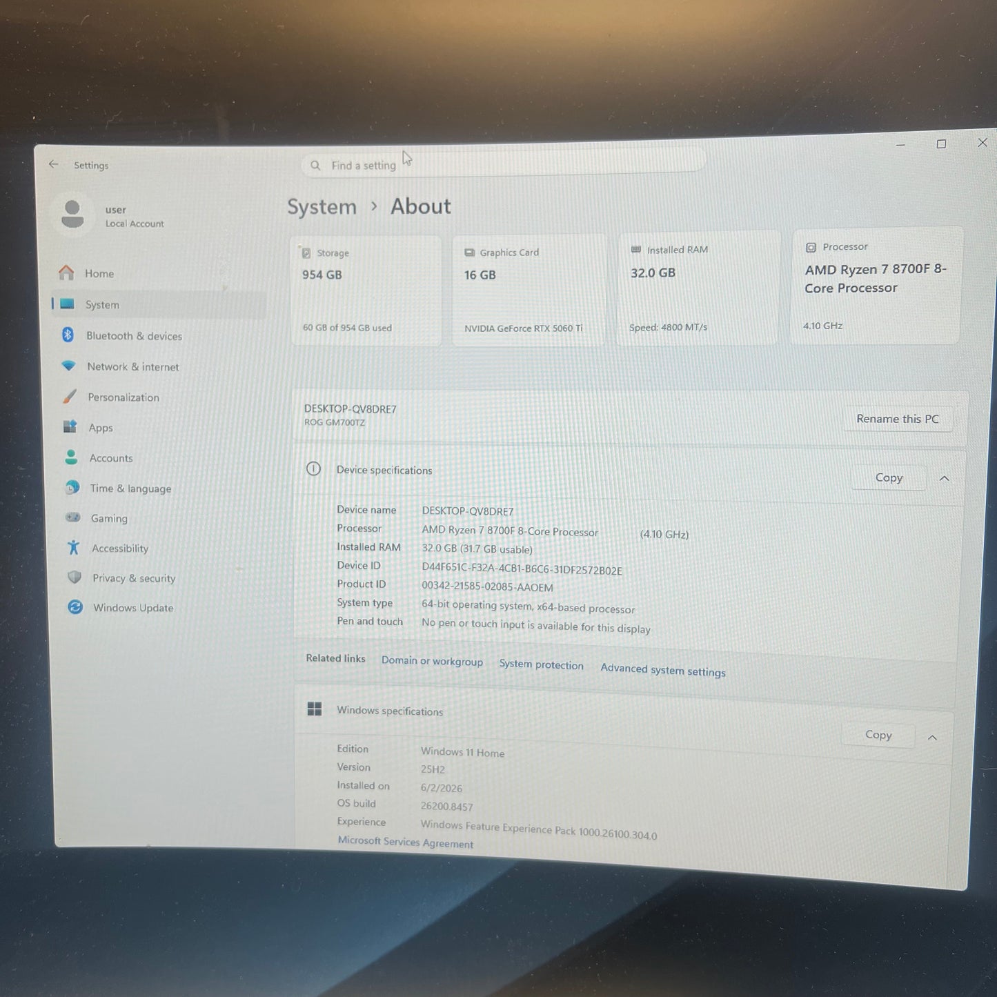 ROG Custom PC Ryzen 7 8700F 4.10GHz 32GB RAM 1TB SSD Nvidia GeForce RTX 5060 Ti