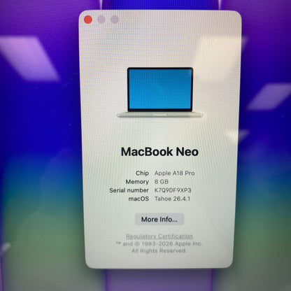 2026 Apple MacBook Neo 13" A18 Pro 5C GPU 4.0GHz 8GB RAM 256GB SSD MHFA4LL/A