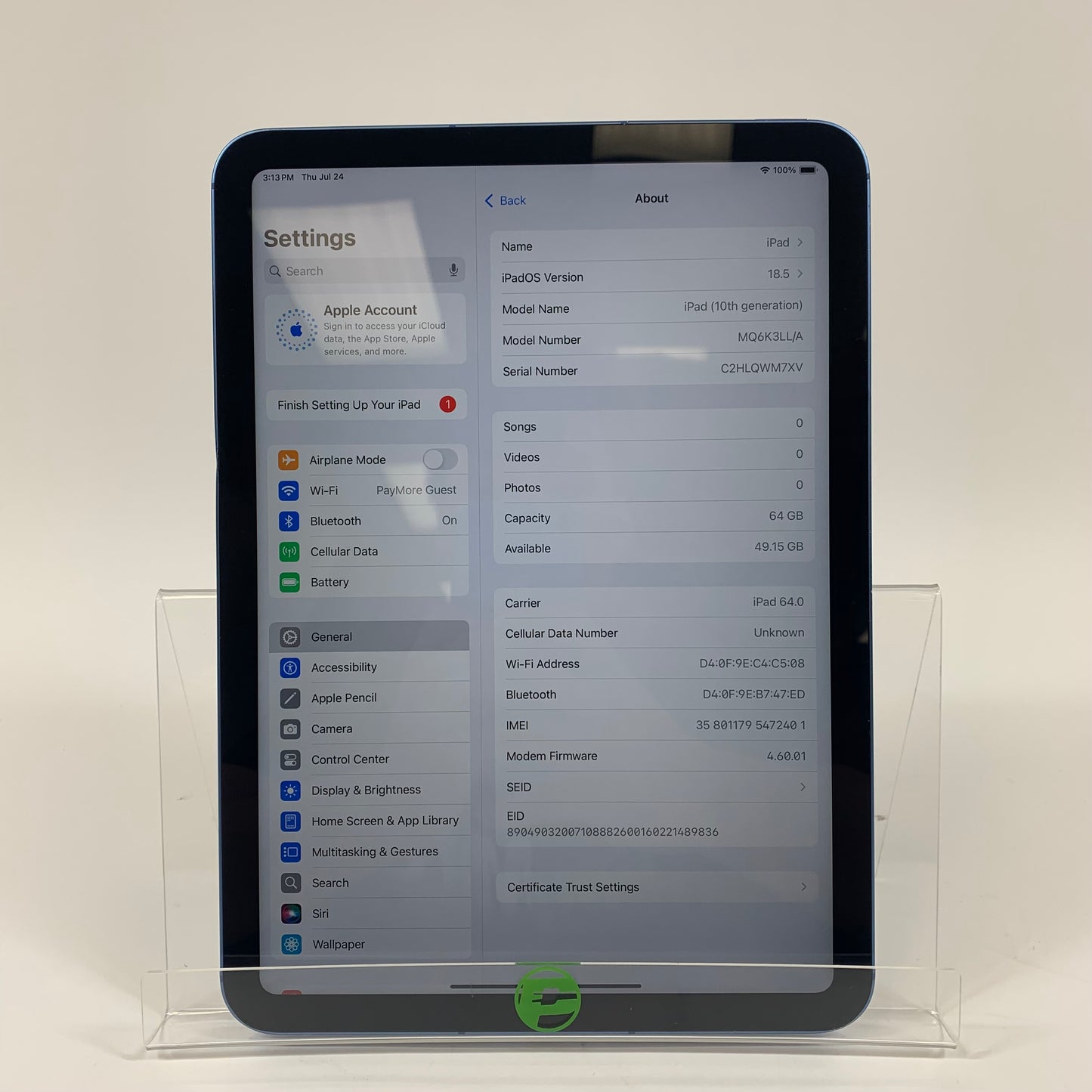 Unlocked Apple iPad 10th Gen 64GB BLUE MQ6K3LL/A