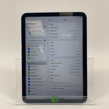 Unlocked Apple iPad 10th Gen 64GB BLUE MQ6K3LL/A