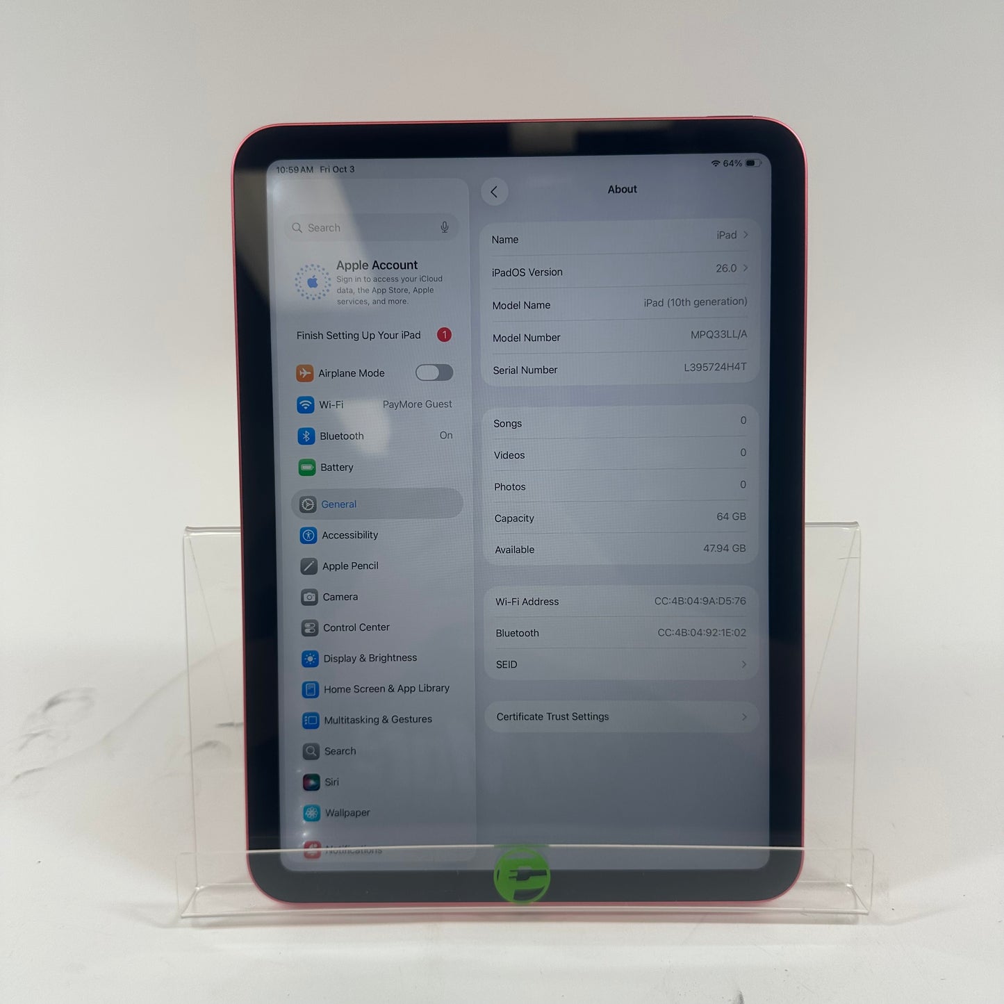 WiFi Only Apple iPad 10th Gen 64GB Pink MPQ33LL/A