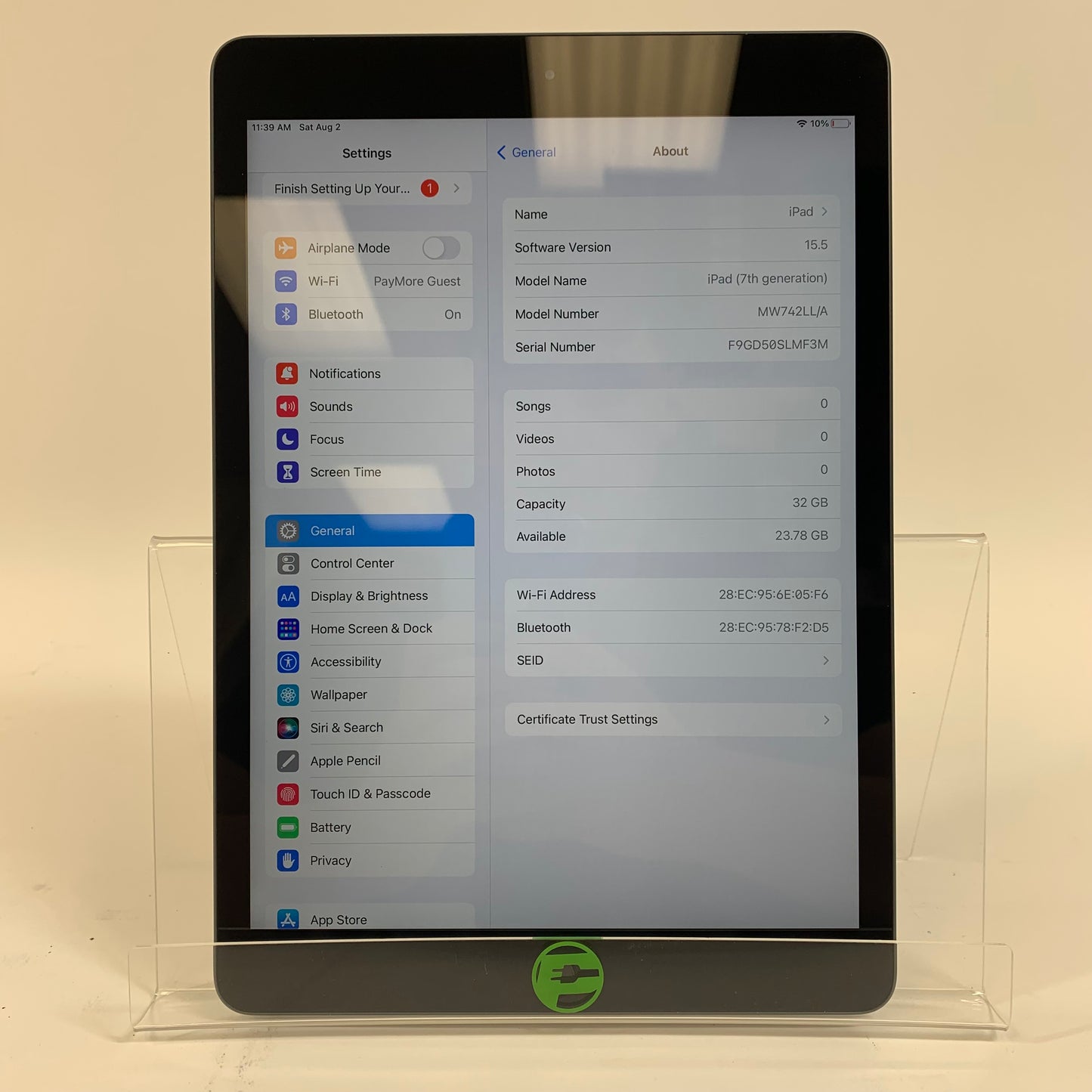 WiFi Only Apple iPad 7th Gen 32GB SPACE GRAY MW742LL/A