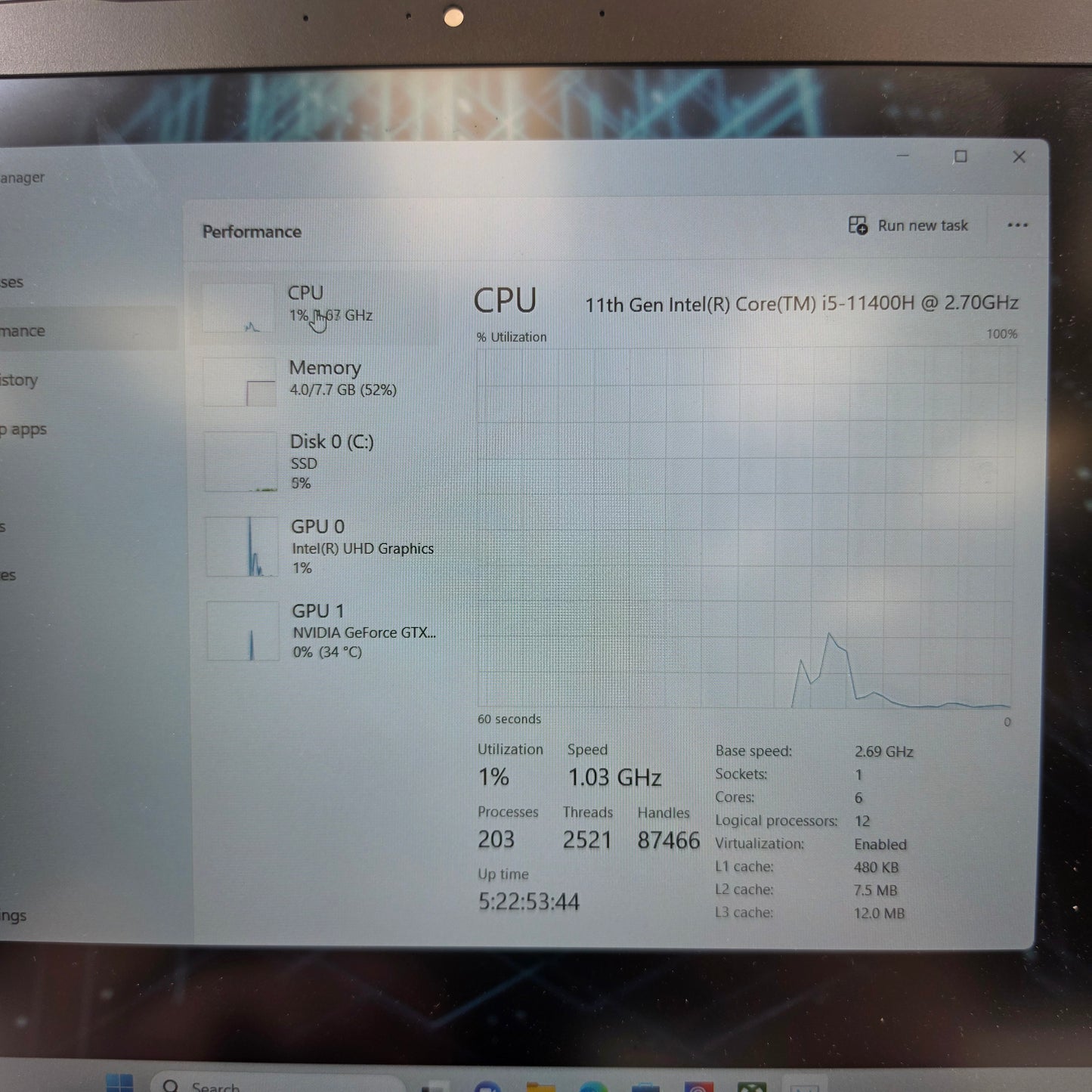 MSI Thin GF63 115C 15.6" i5-11400H 2.69GHz 8GB RAM 256GB SSD GeForce GTX 1650