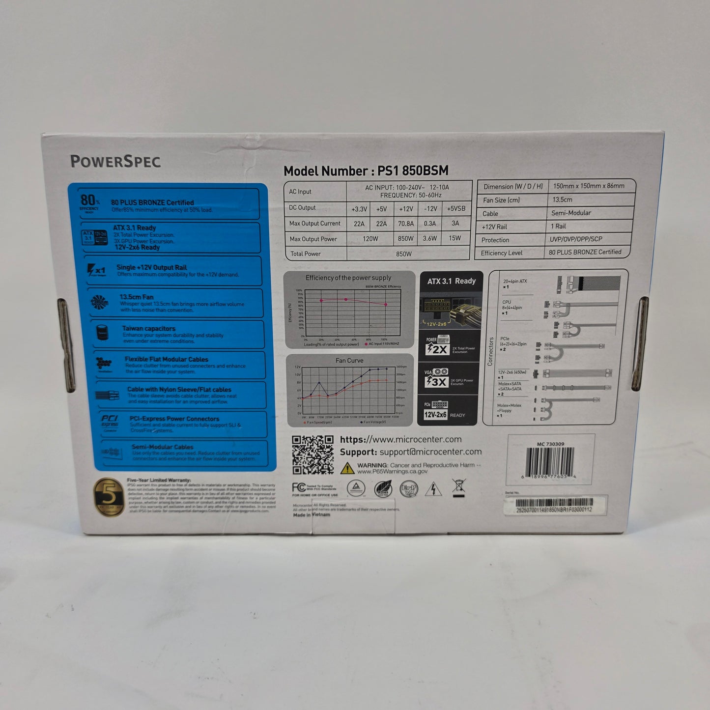 PowerSpec 850W 80 Plus Bronze 850W Semi Modular Switching Power Supply