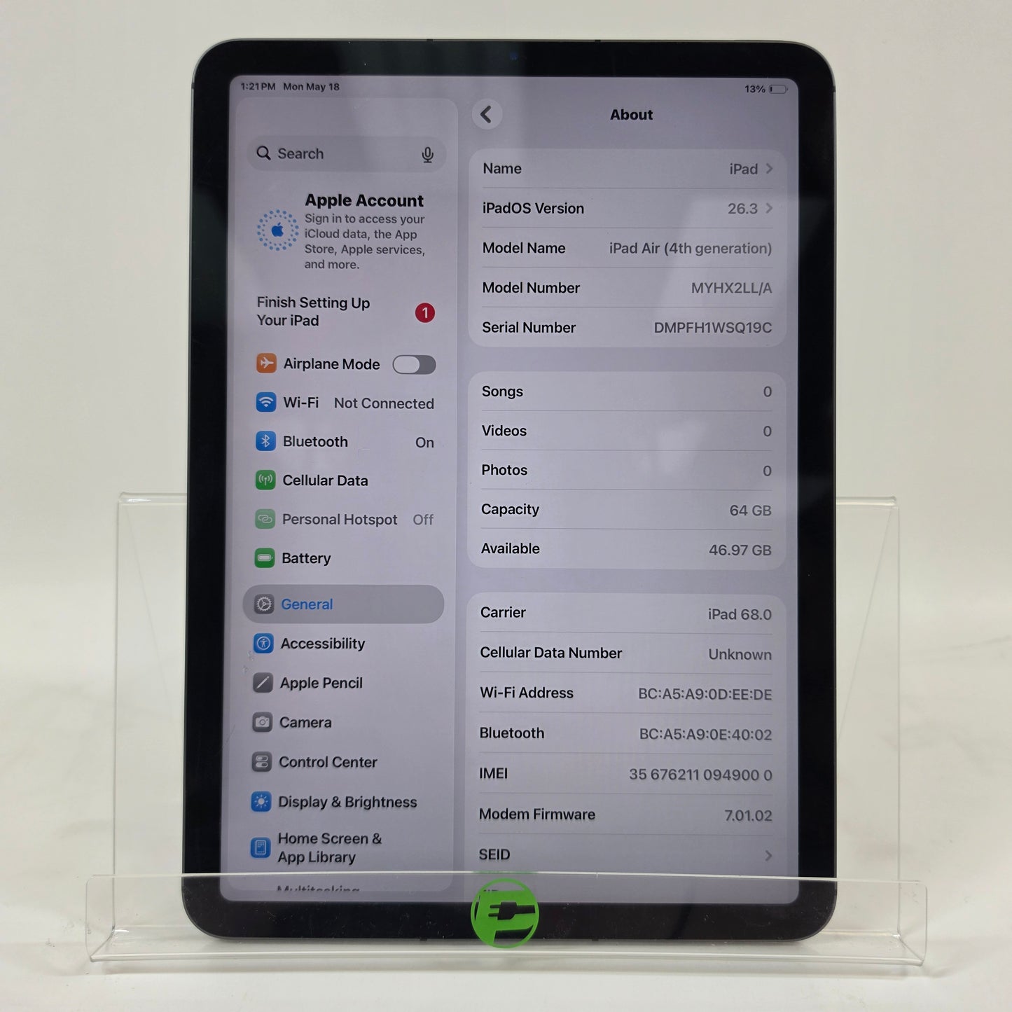 Unlocked Apple iPad Air 4th Gen 64GB Space Gray MYHX2LL/A